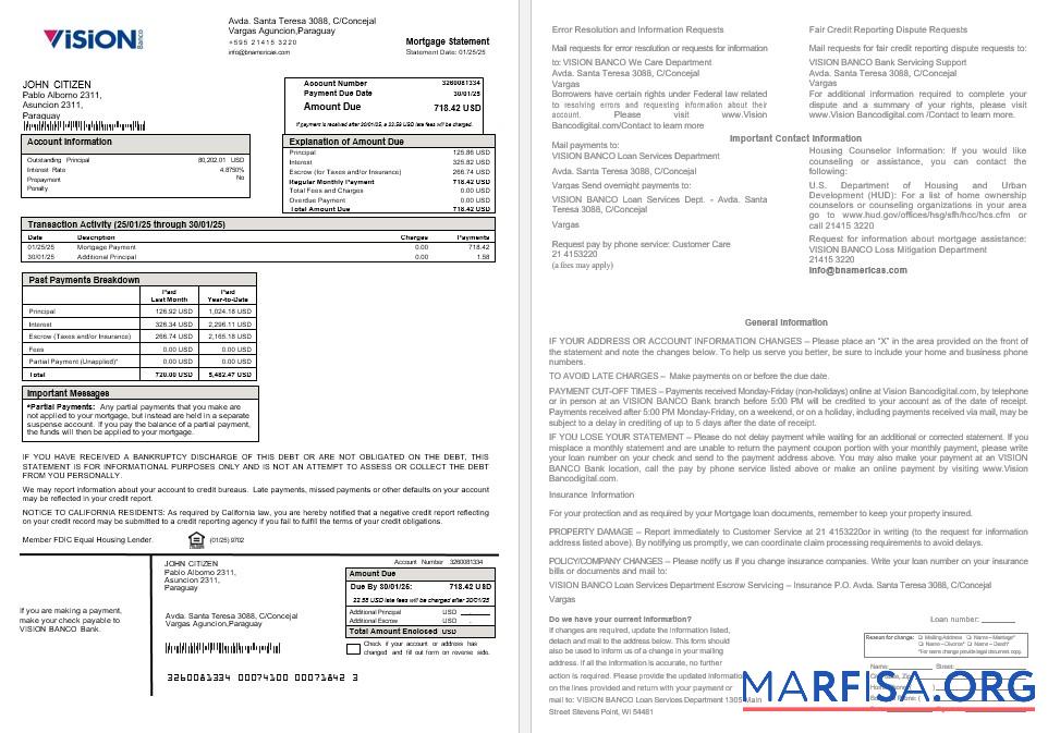 Printable Paraguay Vision Banco mortgage statement in Word and PDF formats sample